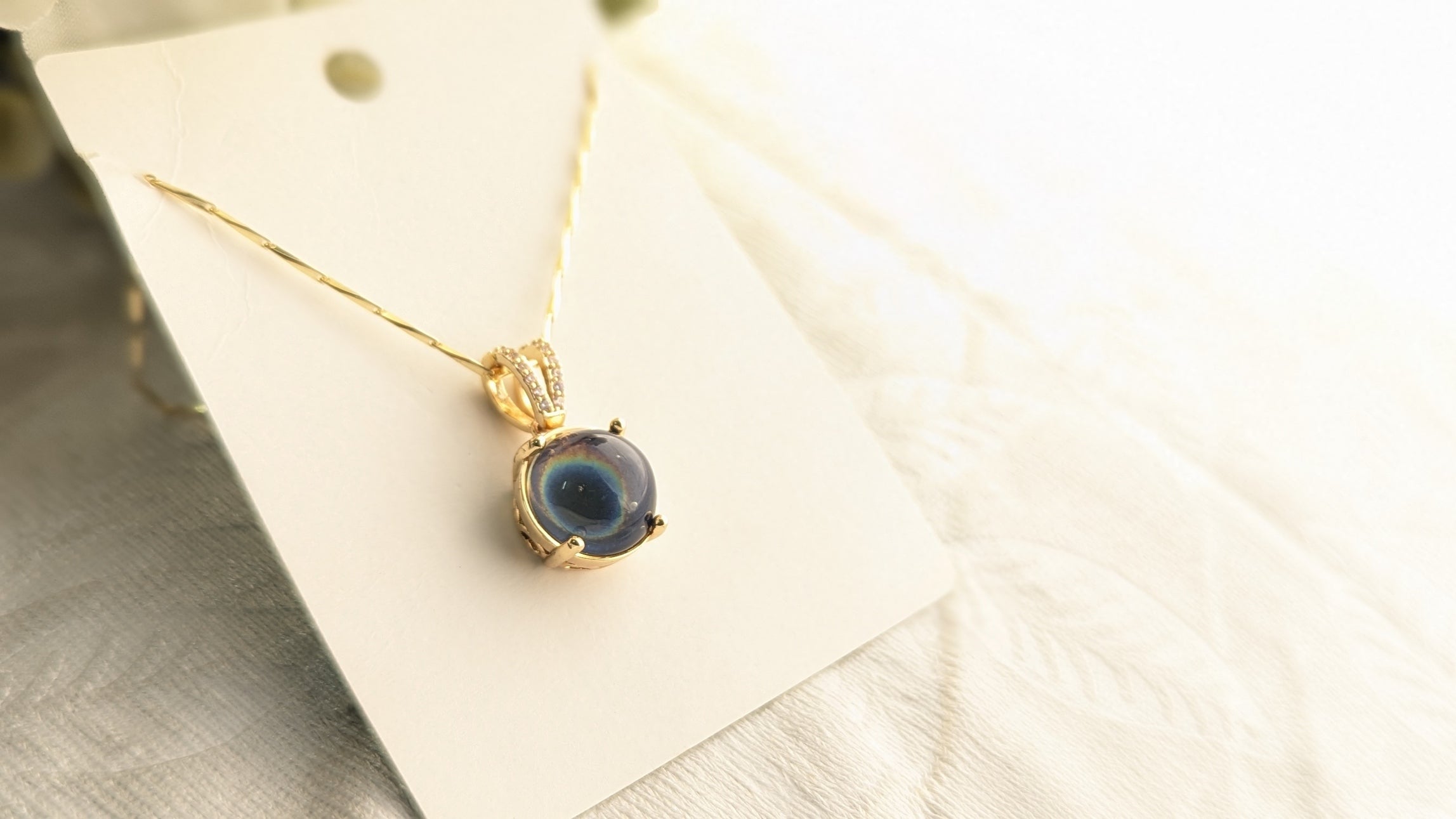 Gold Plated Blue Oval Shape Stone Anti Tarnish Pendant Chain Necklace